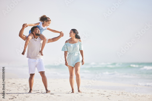 Holding hands, beach or parents walking with a girl for a holiday vacation together with happiness. Piggyback, mother and father playing or enjoying family time with a happy child or kid in summer