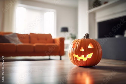 Jack lantern pumpkin in modern living room. Halloween decor. Photorealistic illustration generative AI.