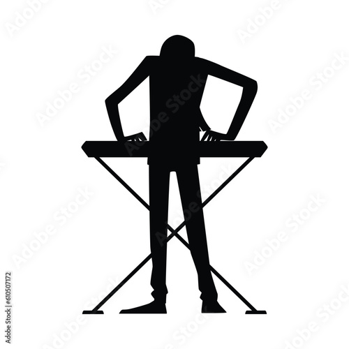 Vector black silhouette Illustration of Rock band star plays the synthesizer, piano on stage, isolated on white background