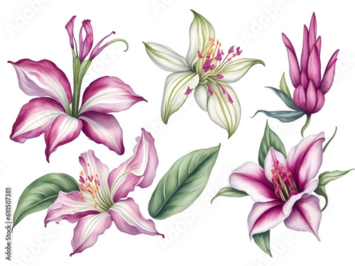 set of watercolor lily on transparent background, generative ai