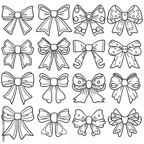 Vector set of bows. Coloring book for children and adults. Ribbon doodle in black thick line collection.