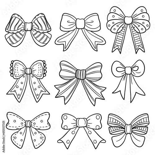 Vector set of bows. Coloring book for children and adults. Ribbon doodle in black thick line collection.