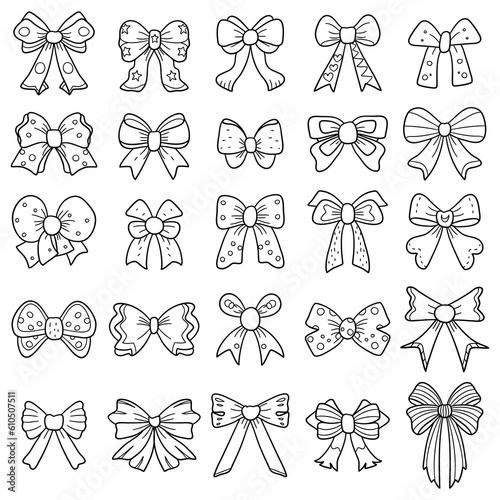 Vector set of bows. Coloring book for children and adults. Ribbon doodle in black thick line collection.