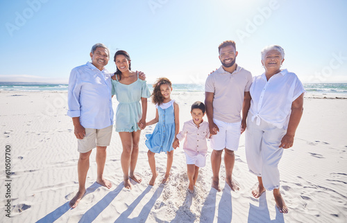 Big family, grandparents portrait or happy children at sea holding hands to relax on holiday together. Dad, mom or kids siblings love bonding or smiling with grandmother or grandfather on beach sand