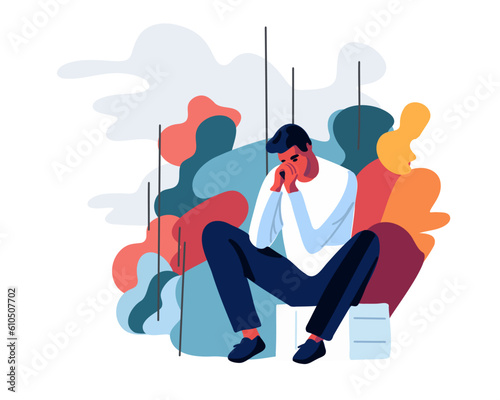 Young man suffering from mental illness, symptoms of depressive disorder: anxiety, crisis, tears, exhaustion, loss, overwork, fatigue.