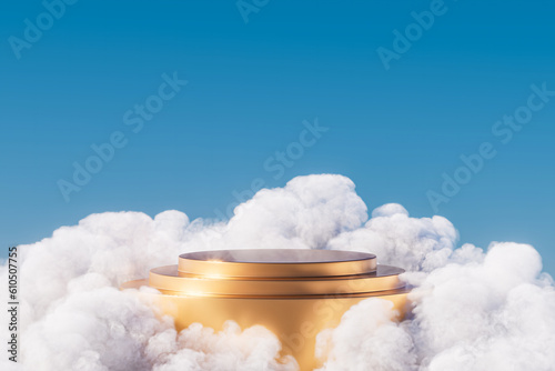 3d surreal presentation golden pedestal levitating in the air in clouds. 3d rendering of mockup of presentation podium for display or advertising purposes photo