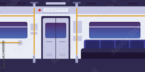 Vector illustration of inside subway train, empty cabin with automatic doors