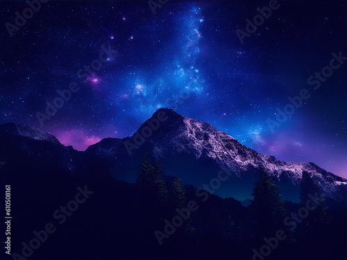 Night view of the mountains against the galaxy sky in the background, AI generated