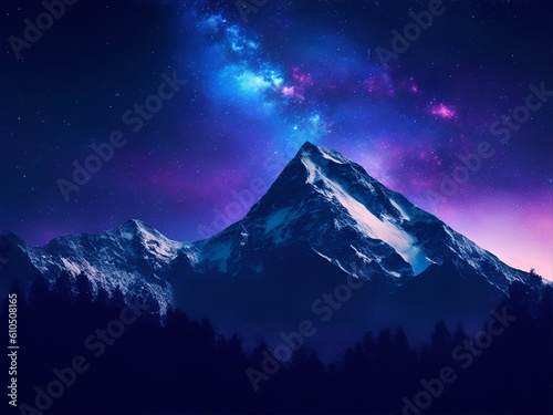 Night view of the mountains against the galaxy sky in the background, AI generated