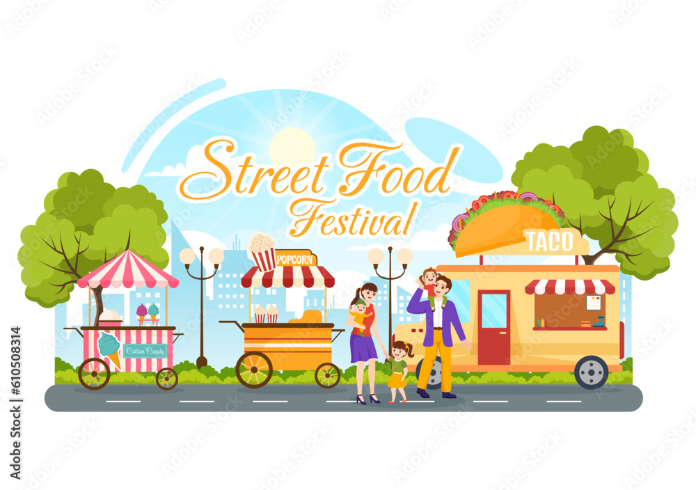 Street Food Festival Event Vector Illustration with People and Foods ...