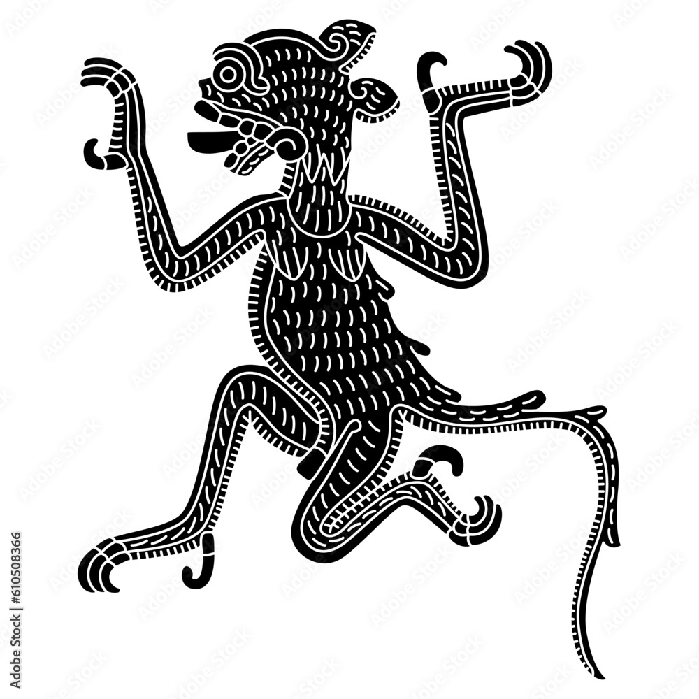 Fototapeta premium Stylized jaguar with talons and his tongue out. Native American art of Aztec Indians. From Mexican codex. Black and white negative silhouette.