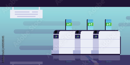 Vector illustrations of inside empty baffle gate or turnstile as passinggate for traffic in metro or subway as rapid transit urban public transport