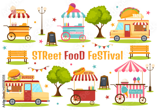 Street Food Festival Event Vector Illustration with People and Foods Trucks in Summer Outdoor City Park in Flat Cartoon Hand Drawn Templates