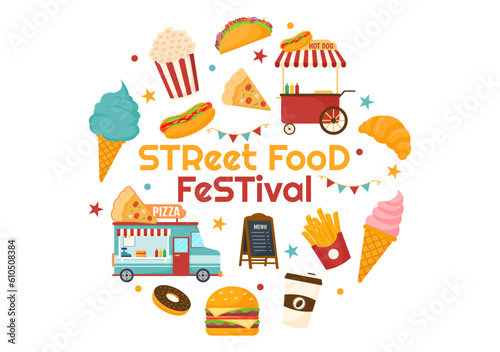 Street Food Festival Event Vector Illustration with People and Foods Trucks in Summer Outdoor City Park in Flat Cartoon Hand Drawn Templates