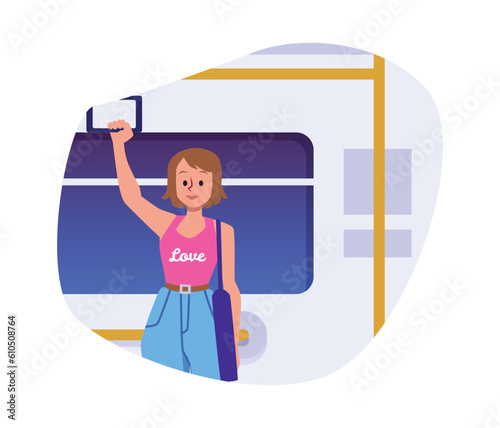 Vector Illustration of young beautiful woman holding a handle in a subway train, bus, isolated on white background