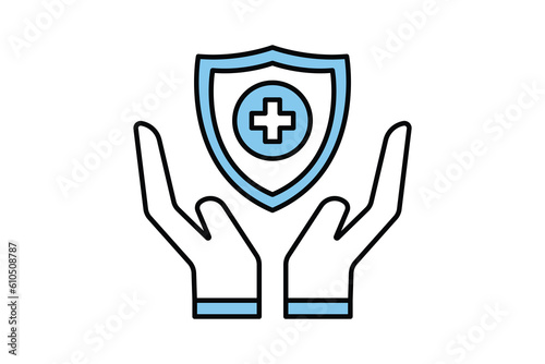 Medical shield on hand. icon related to health care. Two tone icon style design. Simple vector design editable