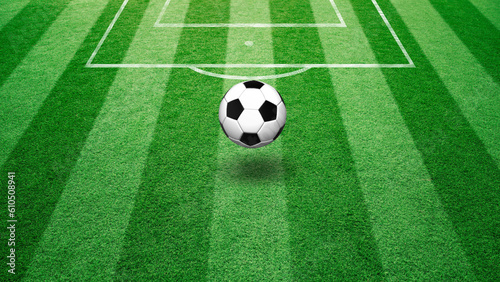 Sunny bouncing soccer ball on football field. Illustration background.