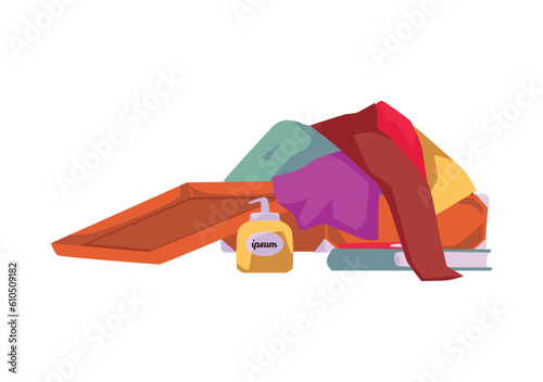 Pile of messy clothes in suitcase, flat vector illustration isolated on white background.