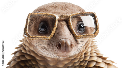 close-up of a pangolin wearing small glasses isolated on a transparent background