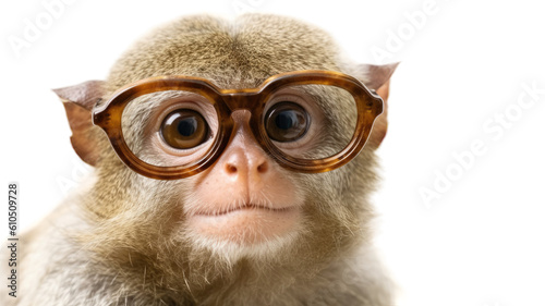 close-up of a pygmy marmoset wearing small glasses isolated on a transparent background photo