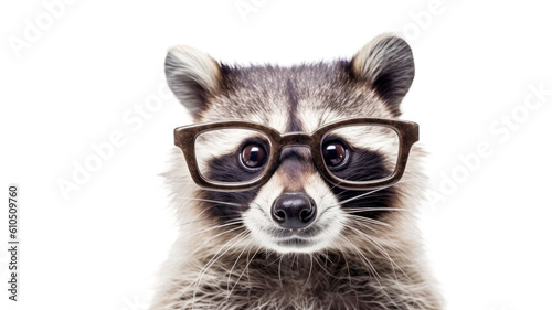 close-up of a raccoon wearing small glasses isolated on a transparent background