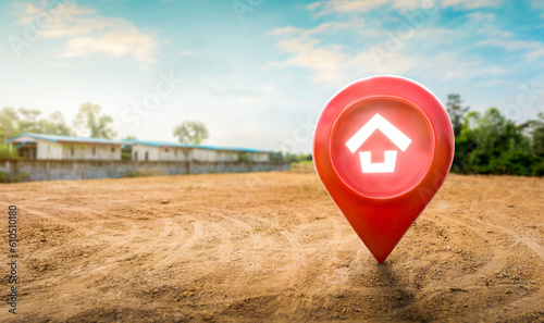 House symbol with location pin icon on empty dry cracked swamp reclamation soil in real estate sale or property investment concept, Buying new home for family - 3d illustration of big advertising sign