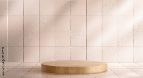 Realistic tiled background with round wooden podium. Vector illustration of natural oak platform for beauty product presentation, interior design accessory, modern beige bathroom wall and floor