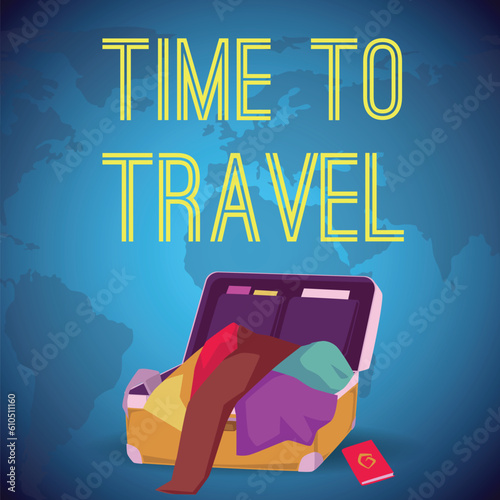 Packing open suitcase full of clothes and documents, vector illustration on blue background with earth map in flat style for Time to travel concept.