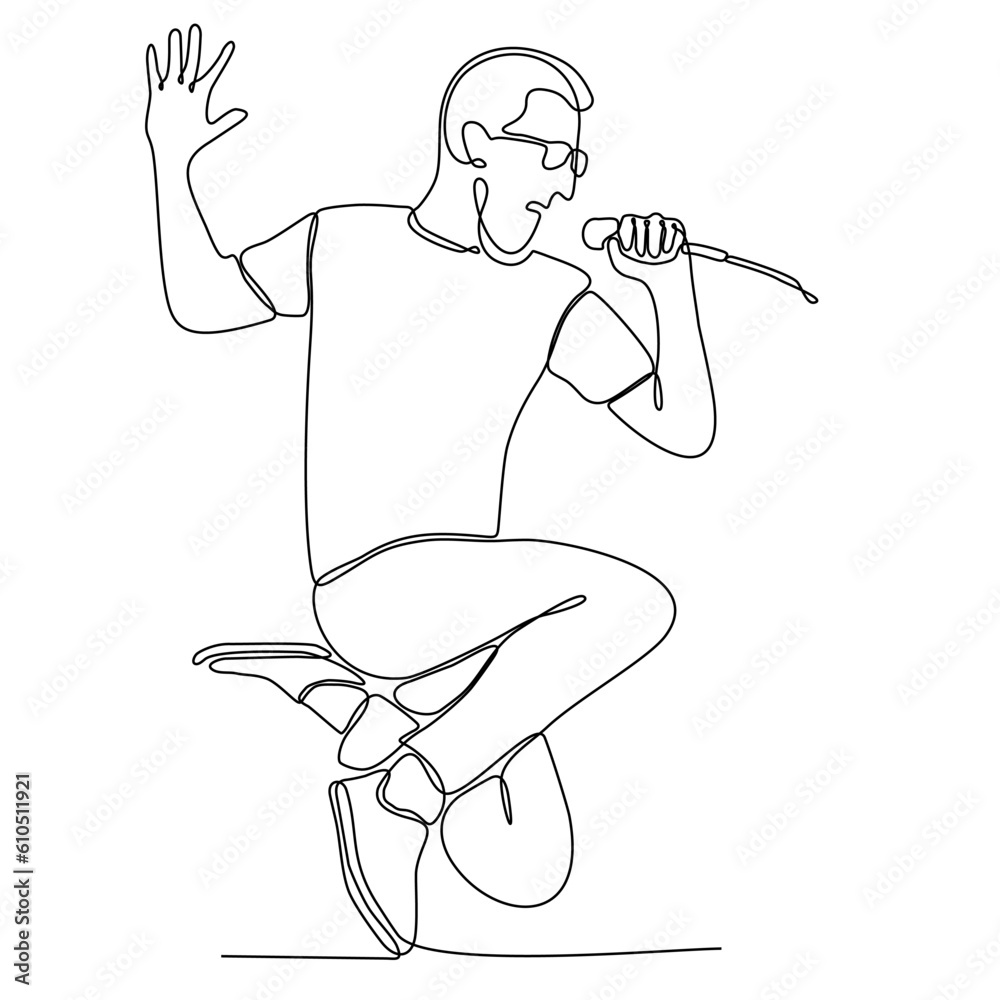 Vetor De Single Line Drawing Of Happy Young Male Pop Singer Holding vetor-de-single-line-drawing-of-happy-young-male-pop-singer-holding