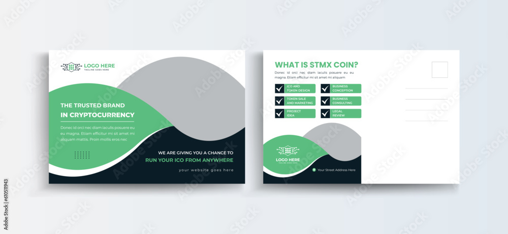 Cryptocurrency postcard design template. Crypto Company Business Postcard Template Design, Simple and Clean Modern Minimal Postcard Template, Business Postcard Layout