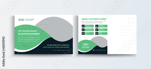 Cryptocurrency postcard design template. Crypto Company Business Postcard Template Design, Simple and Clean Modern Minimal Postcard Template, Business Postcard Layout
