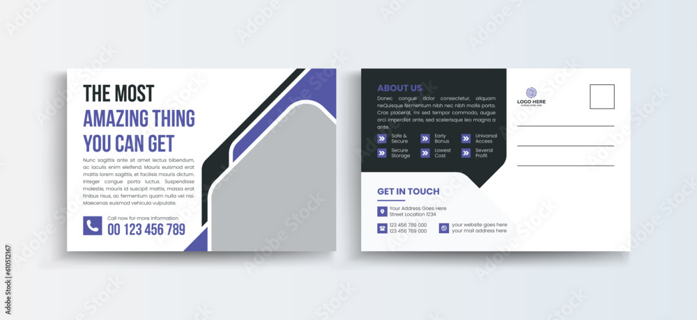 Fototapeta premium Cryptocurrency postcard design template. Cryptocurrency Company Business Postcard Template Design, Simple and Clean Modern Minimal Postcard Template, Business Postcard Layout