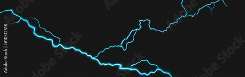 Realistic lightning bolt isolated on transparent background. Vector illustration of neon turquoise crack, electric discharge on dark sky, thunderstorm flash light effect, stormy weather, power strike