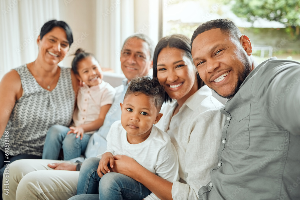 Happy big family, portrait smile and selfie on living room sofa together for holiday, weekend or bonding at home. Grandparents, parents and kids smiling for fun photo, memory or vlog on lounge couch Happy big family, portrait smile and selfie on living room sofa together for holiday, weekend or bonding at home. Grandparents, parents and kids smiling for fun photo, memory or vlog on lounge couch