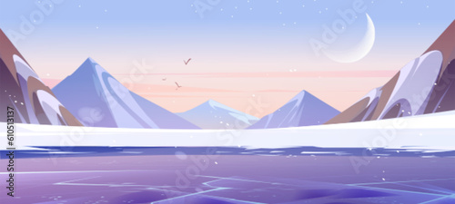Snowy mountain landscape with ice on river. Vector cartoon illustration of frozen lake, moon and birds flying in evening sky, glacier on rocky peaks. Scenic north pole view. Arctic winter background
