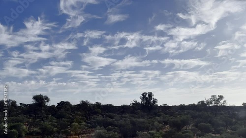 Flat, vast plane of inland Western Australia flashes past beneath unique clouds punctuating blue sky. Rugged trees & shrubs grow from red dirt