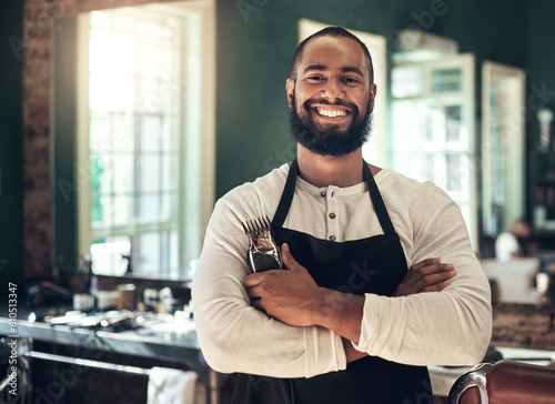 Foto Barber shop, hair stylist smile and black man portrait of an entrepreneur with beard trimmer
