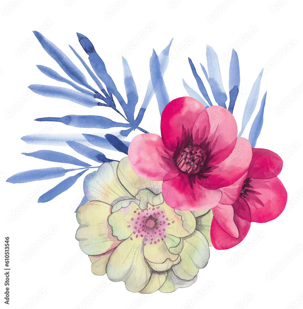 Yellow peony and red flower. watercolor flower arrangement. PNG