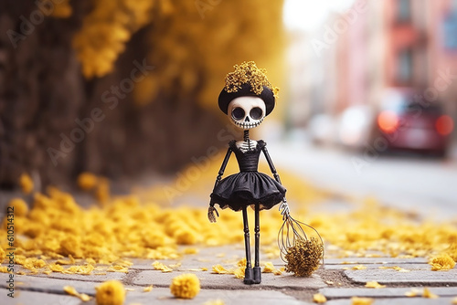 Cute skeleton in a black dress on autunm yellow street. Generative AI photo