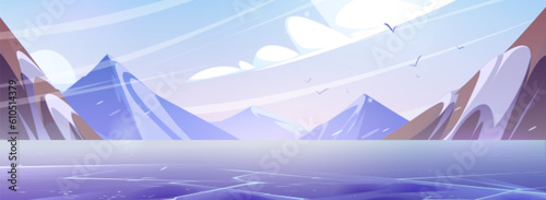 Snowy mountain landscape with ice on river. Vector cartoon illustration of frozen lake, birds flying in cloudy sky, glacier on rocky peaks. Scenic north pole view. Arctic winter background