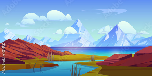 Mountain landscape with river delta. Vector cartoon illustration of water flowing into sea or lake, majestic rocky peaks with glacier, green valley with plants, blue sky with clouds. Vacation banner