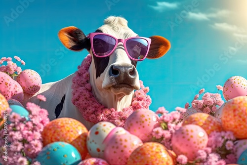 Cute cow in sunglasses with easter eggs on blue sky background. Created with Generative AI tools