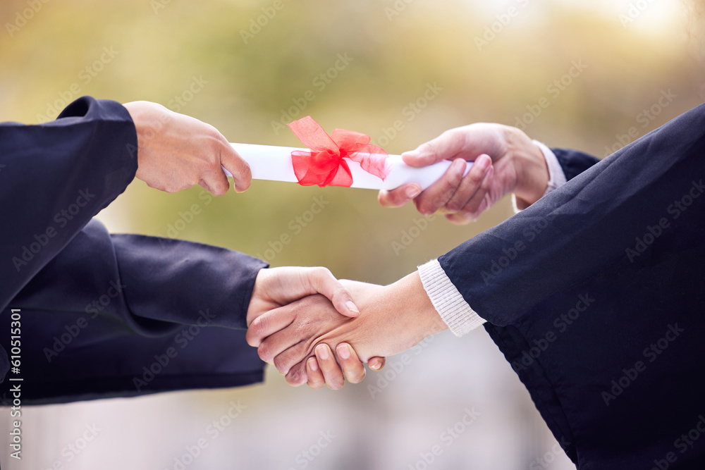 Giving, diploma and people handshake in graduation success, congratulations or thank you. University students, graduate or person shaking hands for certificate, award and scholarship event in closeup - obrazy, fototapety, plakaty 