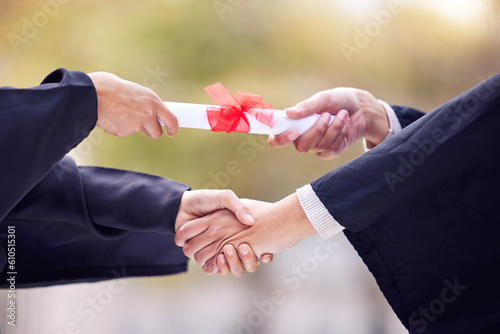 Giving, diploma and people handshake in graduation success, congratulations or thank you. University students, graduate or person shaking hands for certificate, award and scholarship event in closeup