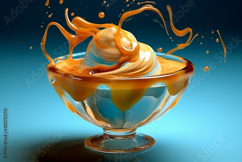 Vanilla sundae ice cream pouring caramel syrup glaze in bowl. Generative AI.