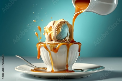 Vanilla sundae ice cream pouring caramel syrup glaze in bowl. Generative AI.