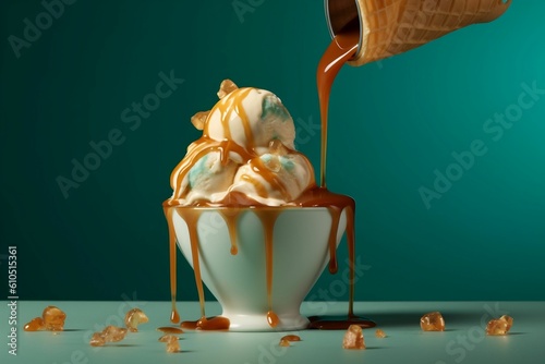 Vanilla sundae ice cream pouring caramel syrup glaze in bowl. Generative AI.