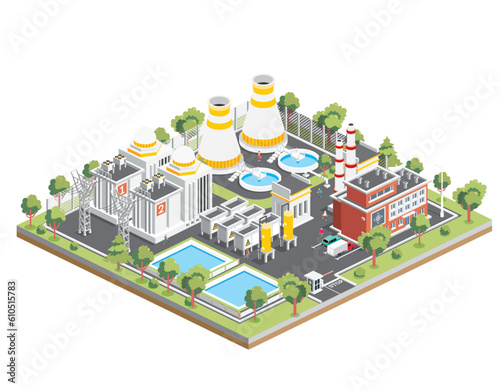 Isometric Nuclear Power Plant. Clean Energy. Generate Electricity. Exterior View of Nuclear Reactor.