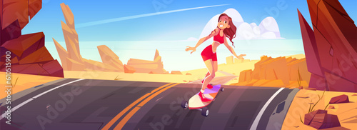 Young white skin woman riding skateboards on road between rocky stone. Vector cartoon illustration of excited slim girl enjoying extreme sports activity in summer canyon and smiling. Healthy lifestyle