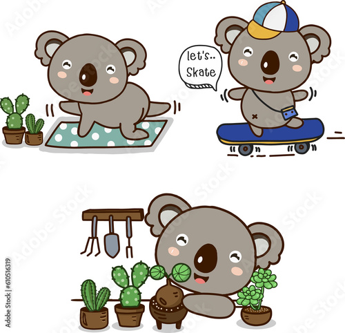Photography Set of Cute koala cartoon character posing in different situations